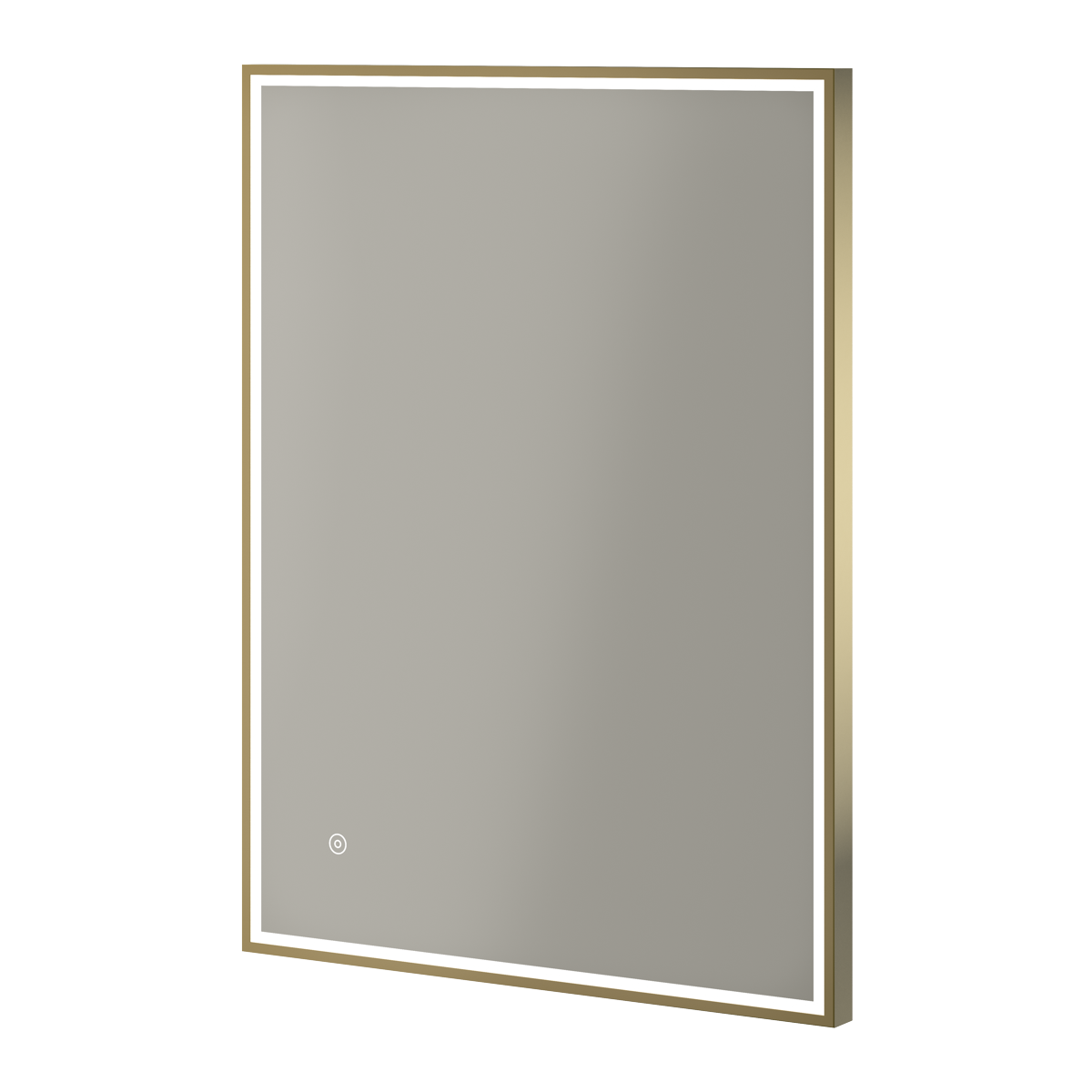 Aqualla Fuse Frame LED bathroom mirror with brushed brass frame and white border, rectangular design, 500x700mm or 600x800mm, featuring integrated LED lighting and touch control button