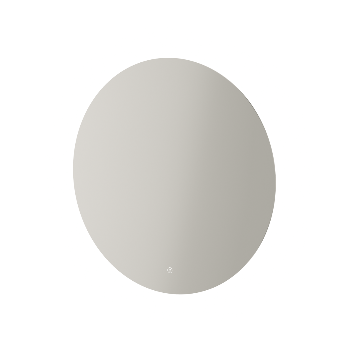 Aqualla Fuse round LED bathroom mirror with soft grey glass frame and integrated LED lighting control button at bottom center, modern minimalist design on white background