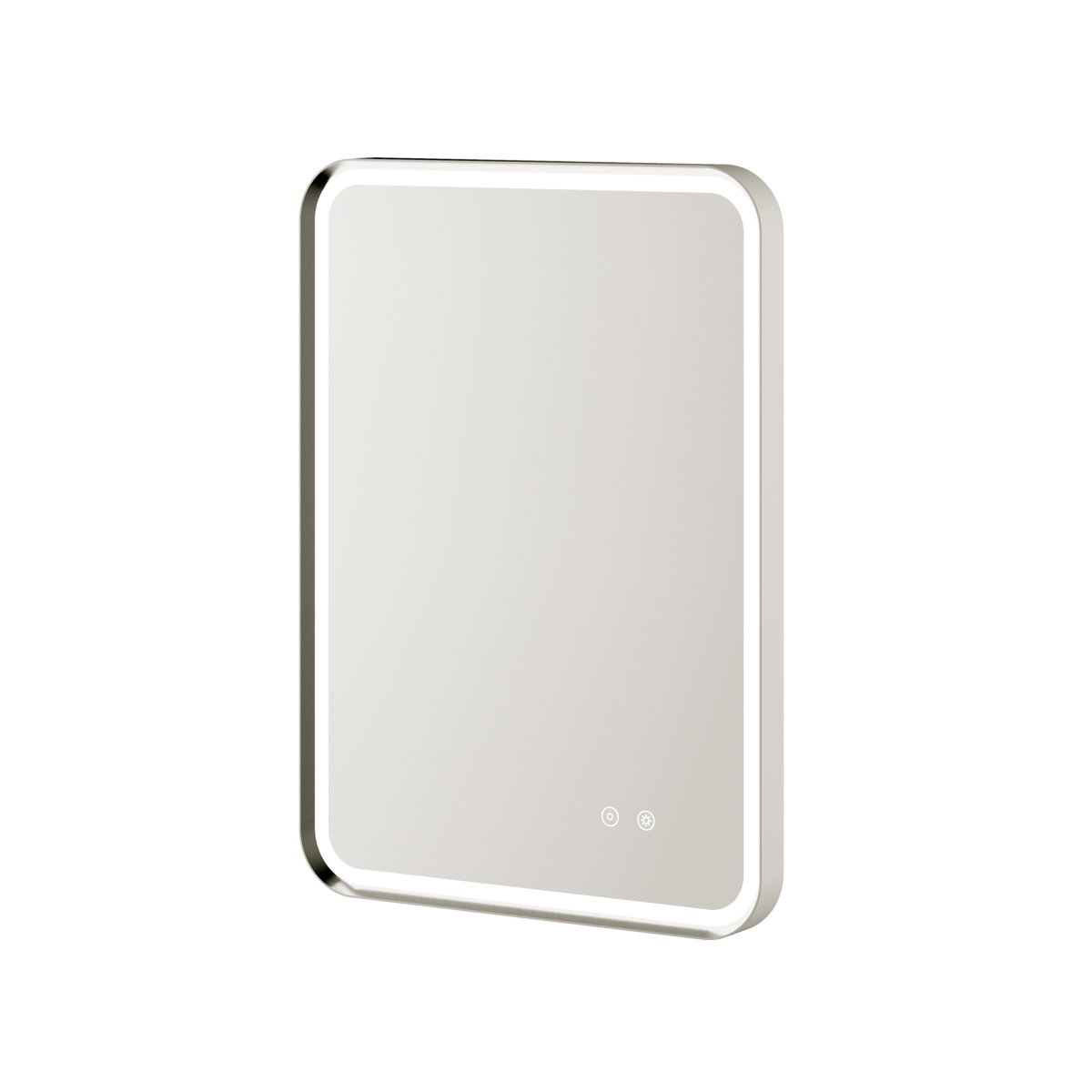 Aqualla Gallery LED bathroom mirror with brushed nickel frame, rounded corners and touch controls, displayed at an angle against white background