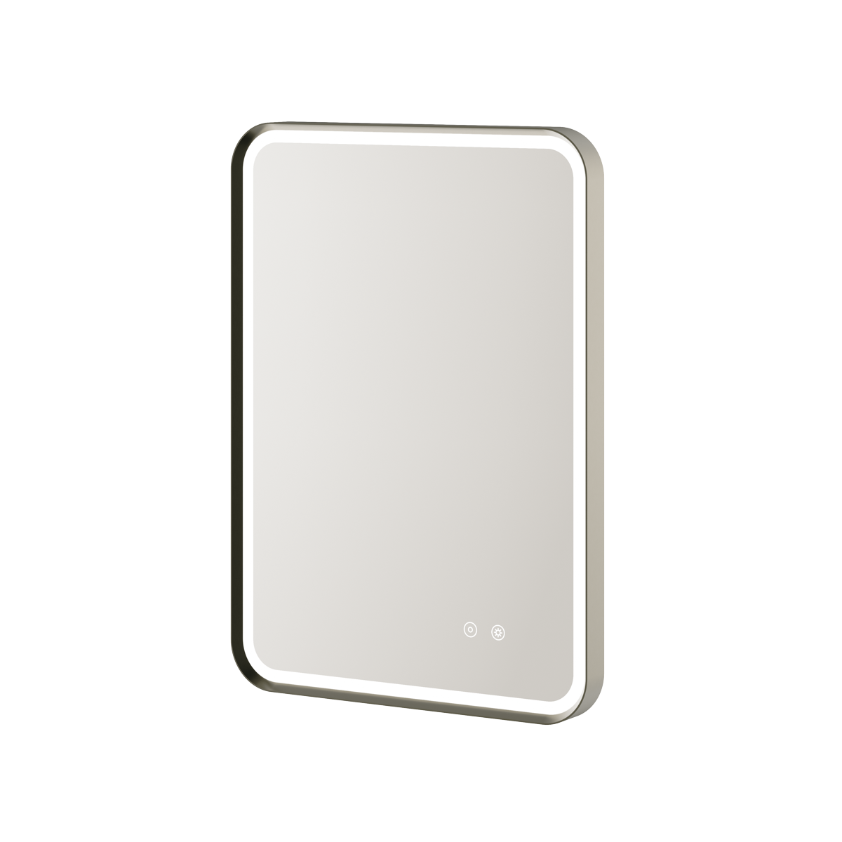Aqualla Gallery LED bathroom mirror with rounded corners in gunmetal grey frame, featuring integrated LED lighting and touch controls on the reflective surface, portrait orientation