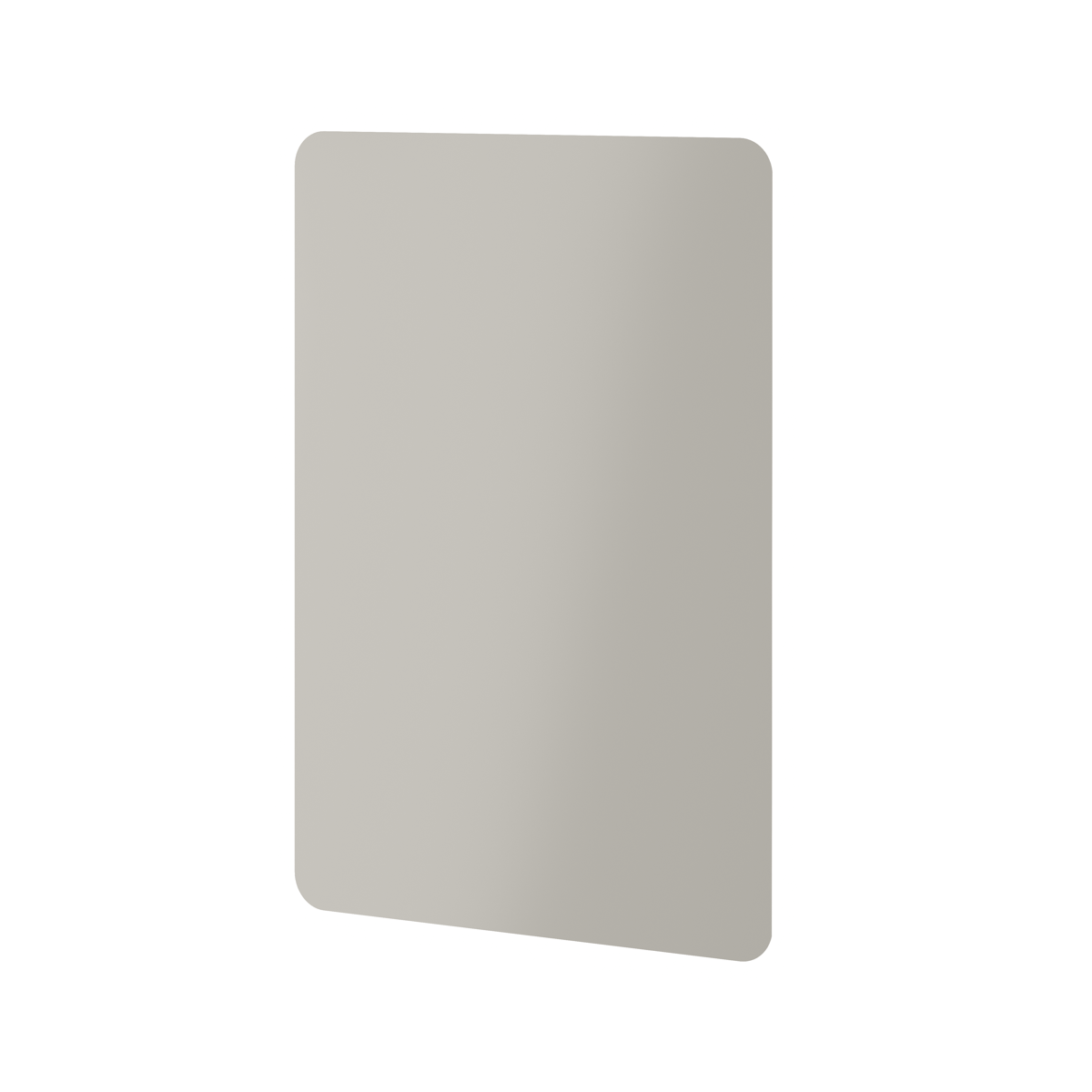 Gray rectangular LED bathroom mirror with rounded corners displayed at an angle against white background
