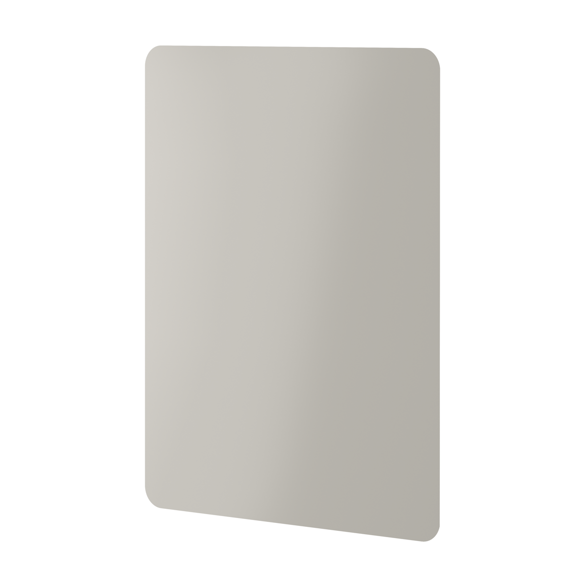 Aqualla Glow LED bathroom mirror with rounded corners in silver grey finish displayed at an angle showing rectangular shape