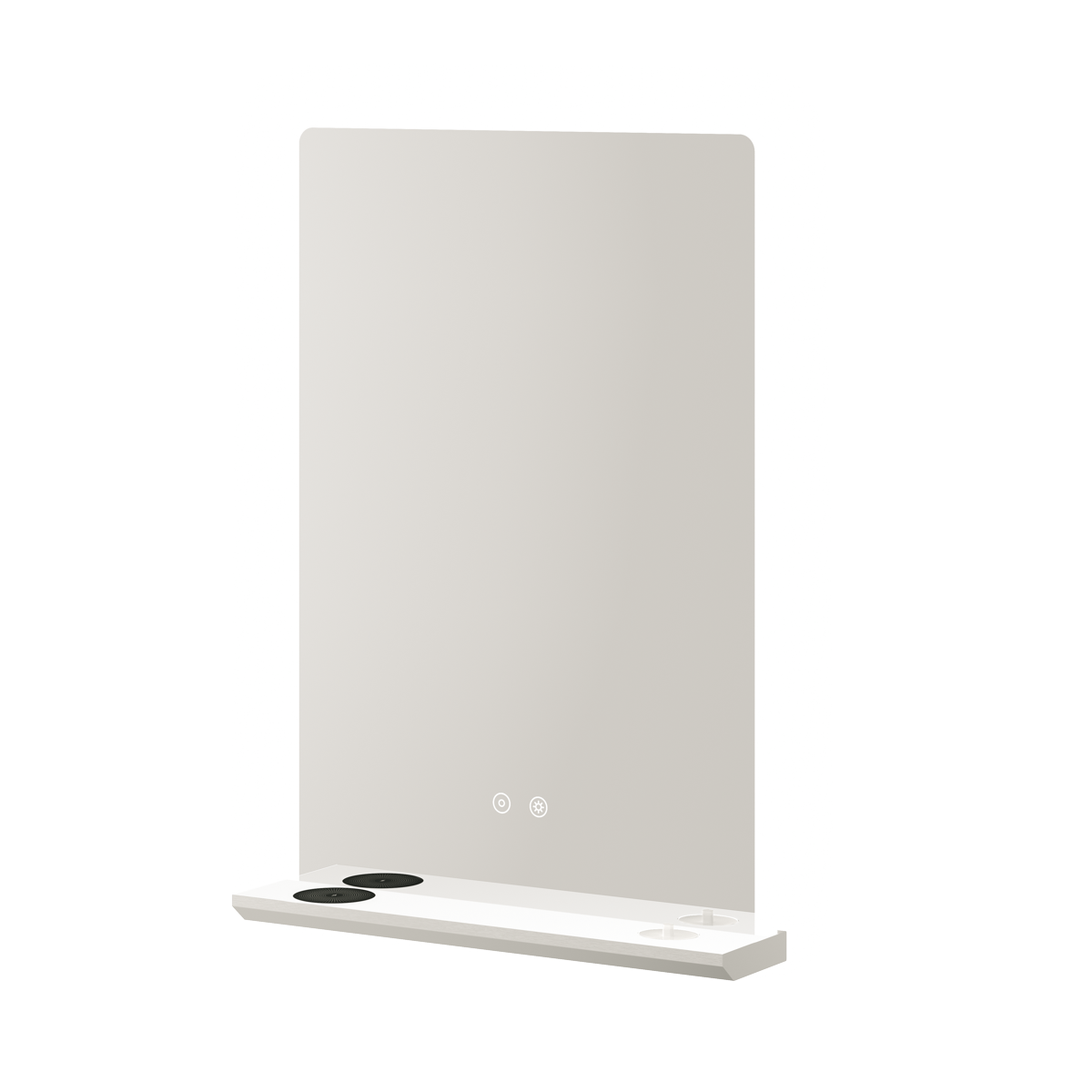 Aqualla Linea Charge LED bathroom mirror with integrated lighting, featuring a rectangular beige frame with white base stand and touch control buttons, available in 500x700mm and 800x700mm sizes