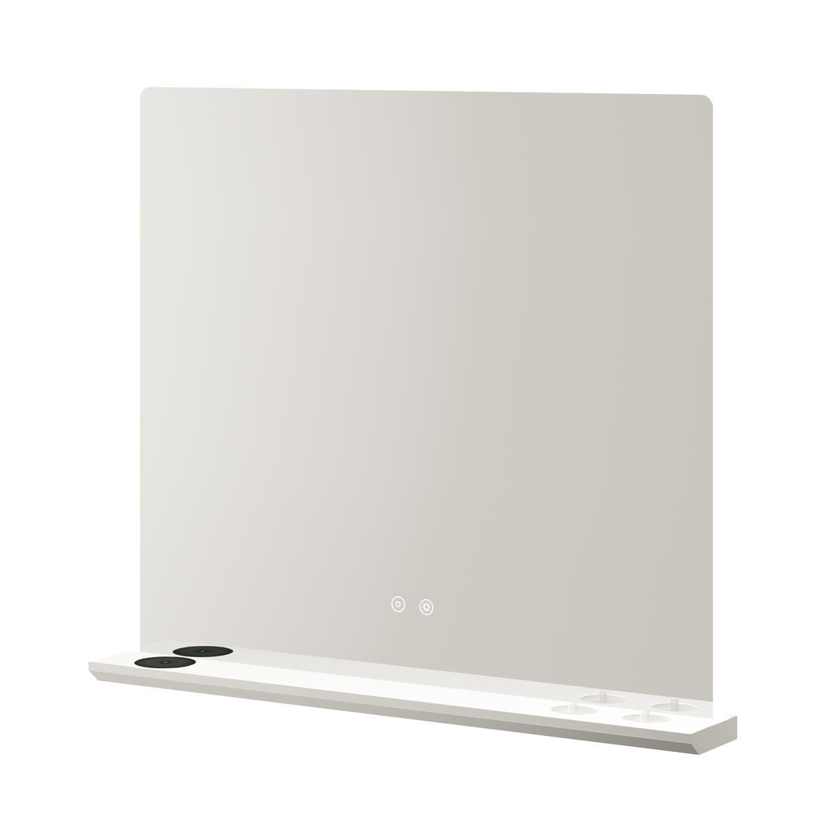 Aqualla Linea Charge LED bathroom mirror with matte white frame and integrated shelf, featuring touch-activated LED controls and built-in charging ports, modern minimalist design in 500x700mm or 800x700mm size options