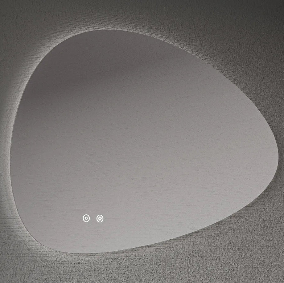 Aqualla Pebble LED bathroom mirror with organic rounded shape, 800x555mm, featuring integrated LED lighting around the perimeter and touch control icons, mounted on textured grey wall