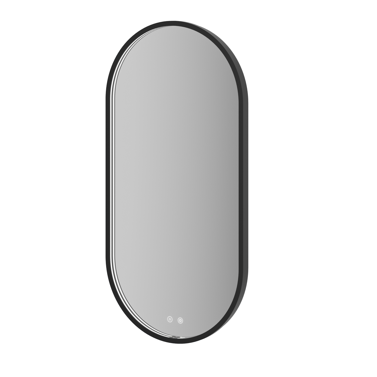 Aqualla Solaris Pill LED bathroom mirror with black frame, oval shape, 500x1000mm, featuring integrated LED lights and touch controls at bottom