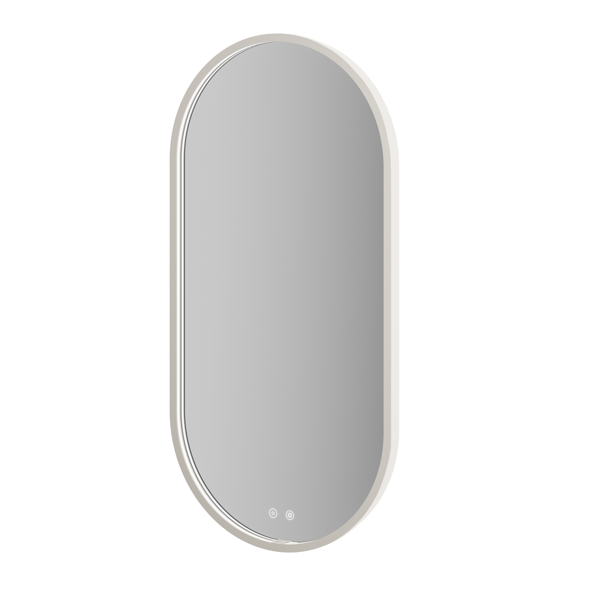 Aqualla Solaris Pill LED bathroom mirror 500 x 1000mm in brushed nickel finish with oval shape and touch controls at base