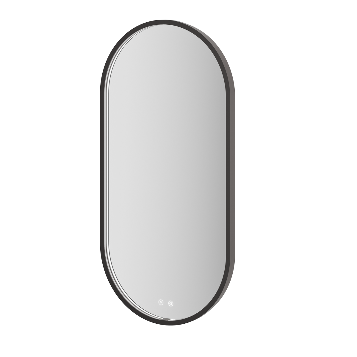 Aqualla Solaris Pill LED bathroom mirror with black frame, vertical oval shape, 500x1000mm, featuring integrated LED lights at the bottom, modern minimalist design against white background