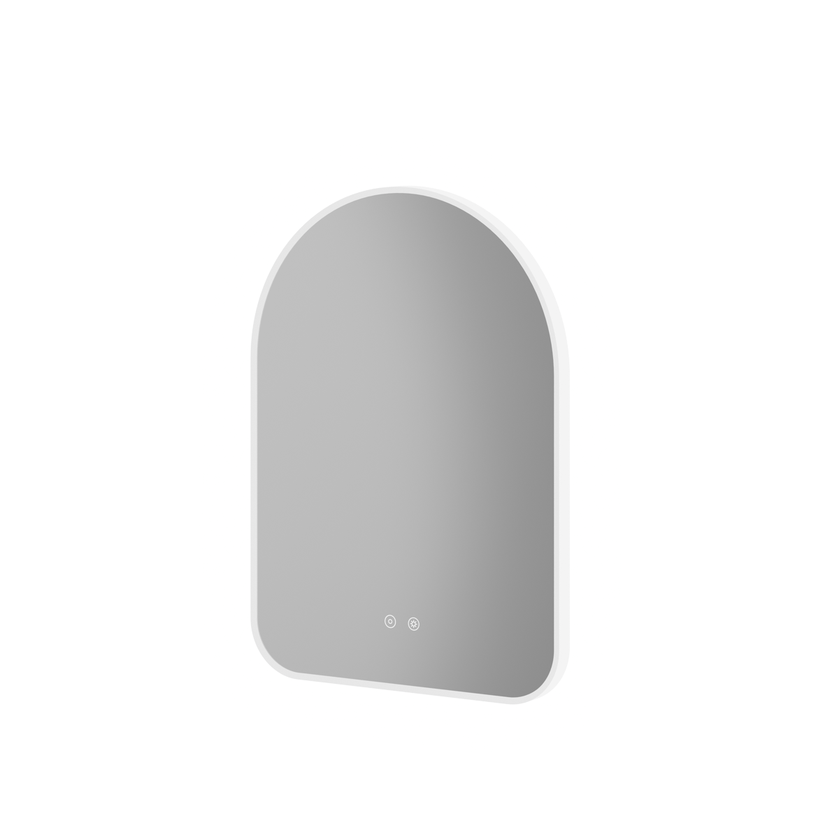 Modern white framed arch-shaped LED bathroom mirror with rounded top, featuring two touch control buttons on the reflective surface, measuring 500x700mm or 600x800mm