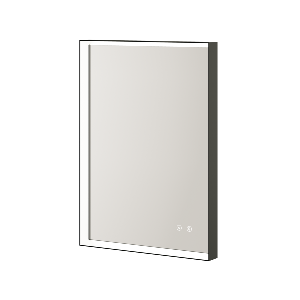 Modern rectangular LED bathroom mirror with dark frame and illuminated glass surface featuring touch controls at bottom, shown in portrait orientation
