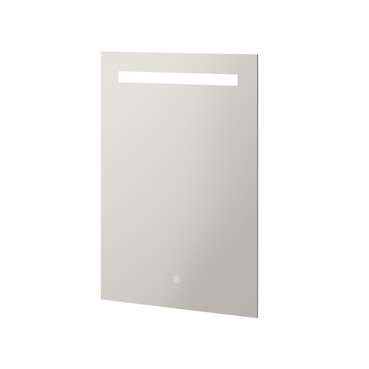 Aqualla Zen LED bathroom mirror with integrated lighting, rectangular design in grey-beige finish, featuring horizontal LED strip at top and touch control button at bottom, 500x700mm or 600x800mm size options