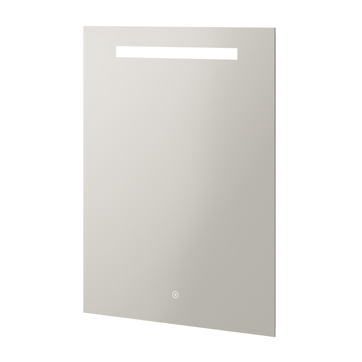 Aqualla Zen LED bathroom mirror with integrated lighting, featuring a sleek grey frame with white illuminated top strip and circular LED control button at bottom center, rectangular portrait orientation design