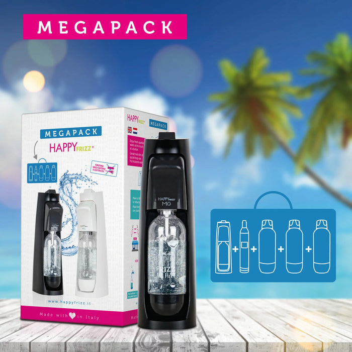 SodaStream Happy Frizz black soda maker megapack with CO2 bottles and accessories displayed against tropical beach background