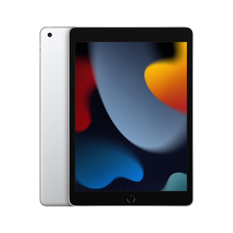 Apple iPad 9th generation WiFi 64GB in silver showing front display with colorful abstract wallpaper and rear aluminum back with camera lens visible