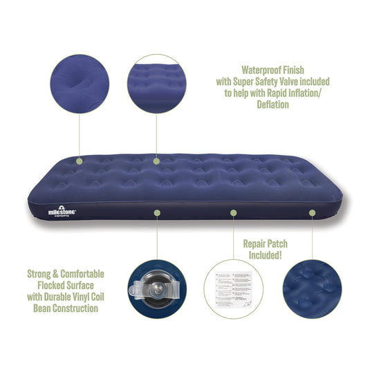 Milestone Camping Single Air Bed - Flocked Inflatable Mattress | 88000