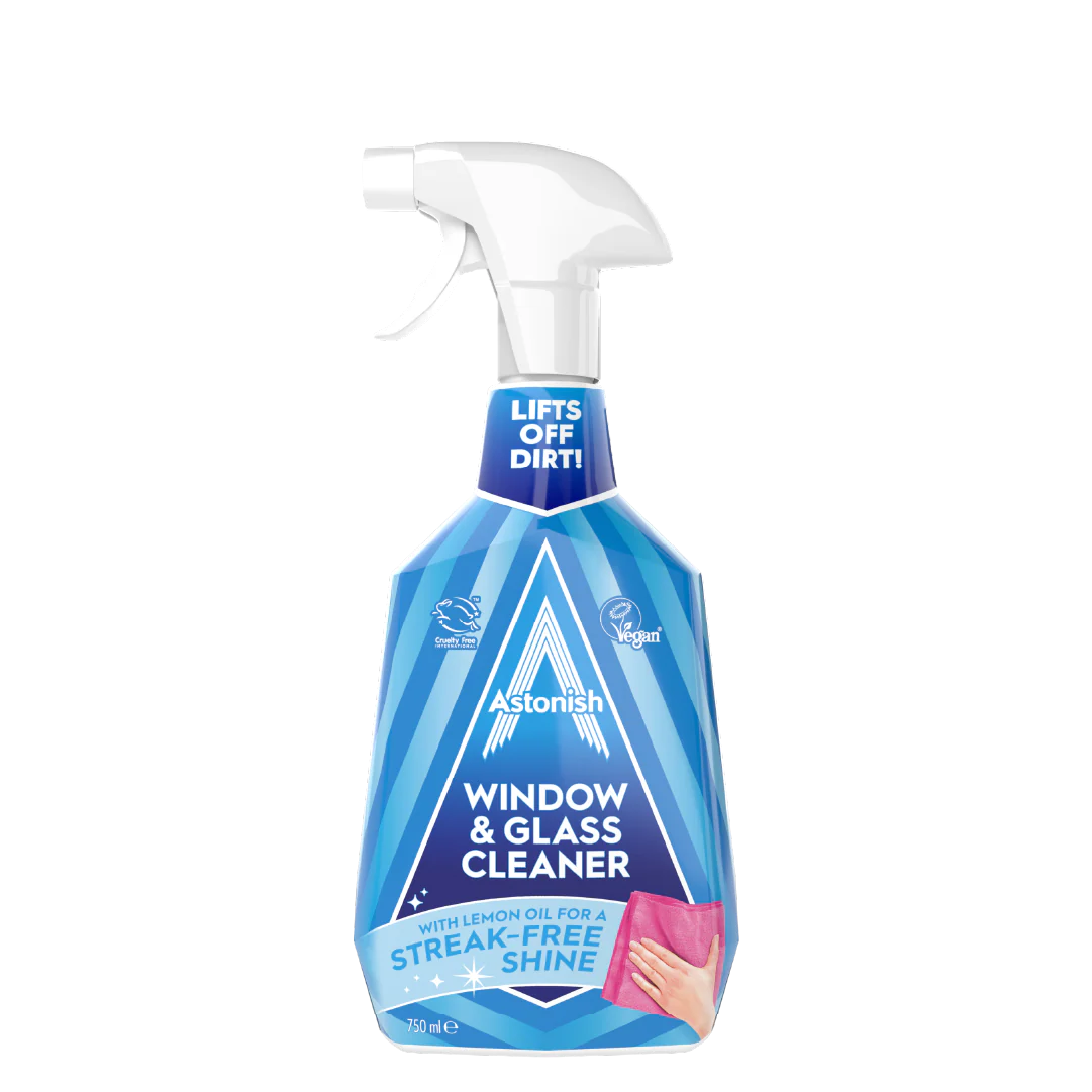 Astonish Window and Glass Cleaner spray bottle 750ml with blue and white label featuring trigger spray nozzle and lemon oil formula for streak-free shine