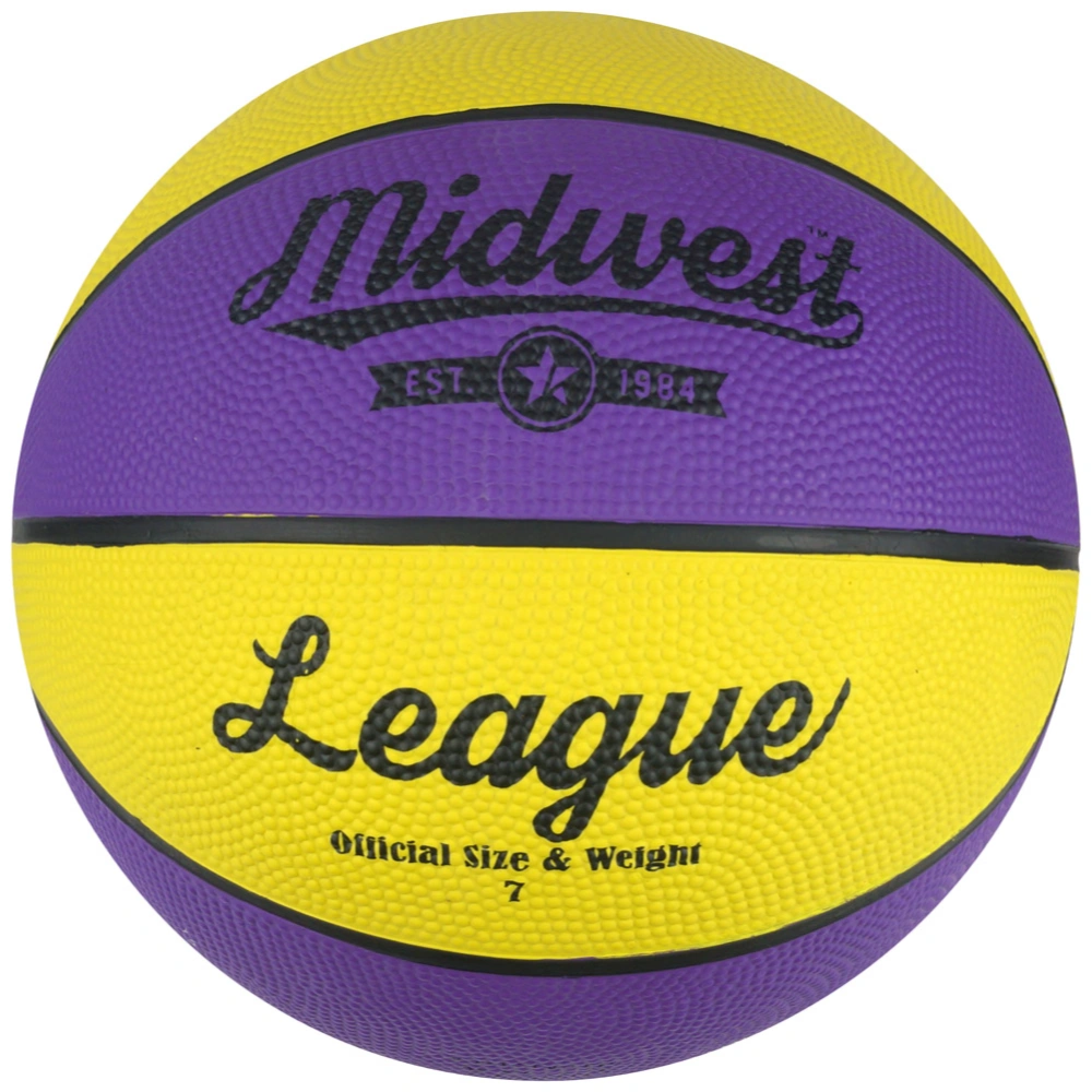Purple and yellow basketball with 'Midwest League' branding on a white background