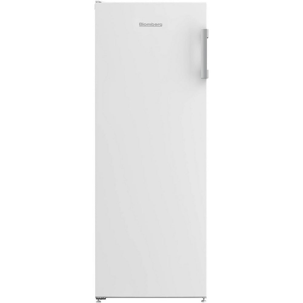 White Blomberg tall freezer with auto defrost function, featuring a sleek modern design with silver handle and branding at the top, displayed against a white background