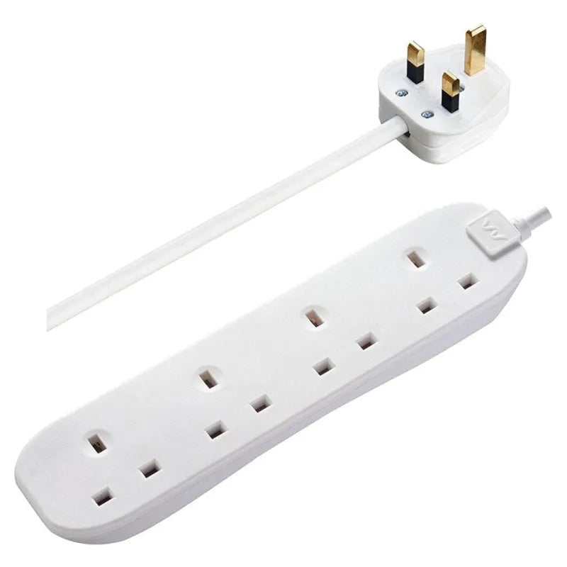 White Masterplug 4 socket extension lead with 5 metre cable, showing UK plug head with brass pins and elongated power strip with multiple outlets
