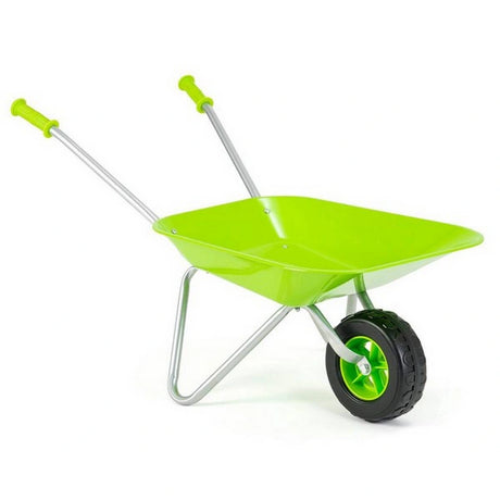 Green children's wheelbarrow with a single wheel on a white background