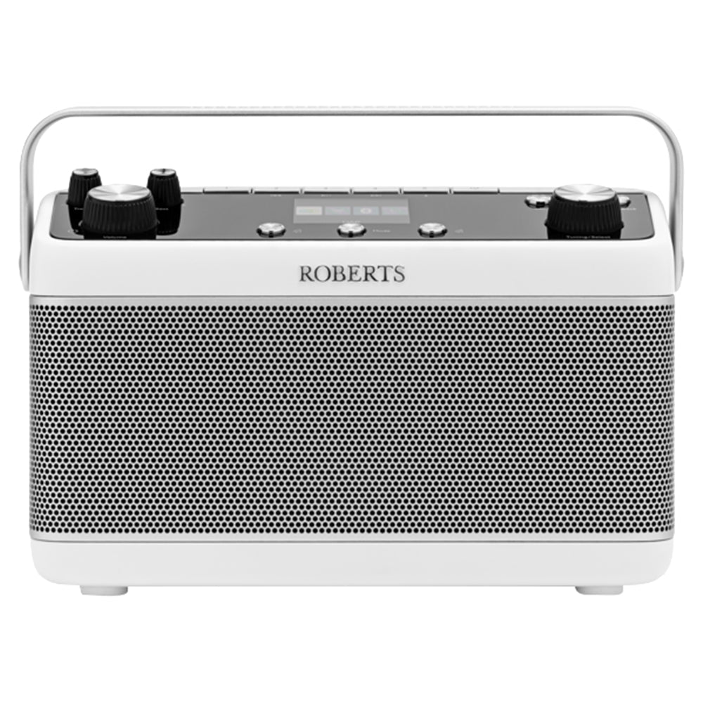 Roberts BLUTUNE7W portable DAB+ FM Bluetooth stereo radio in white with grey perforated speaker grille, black control knobs and digital display
