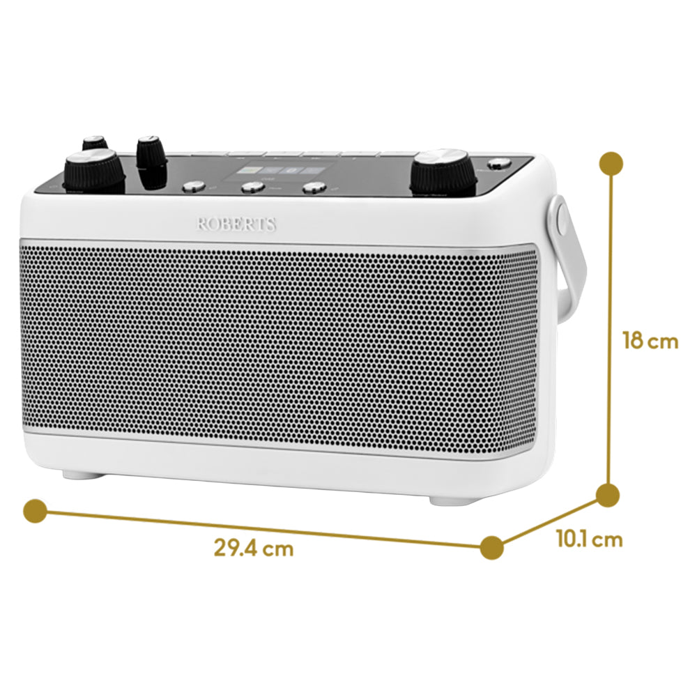 Roberts BLUTUNE7W portable DAB+ FM Bluetooth stereo radio in white with grey mesh speaker grille, black control knobs and buttons on top, shown with dimensions 29.4cm width, 18cm height, 10.1cm depth