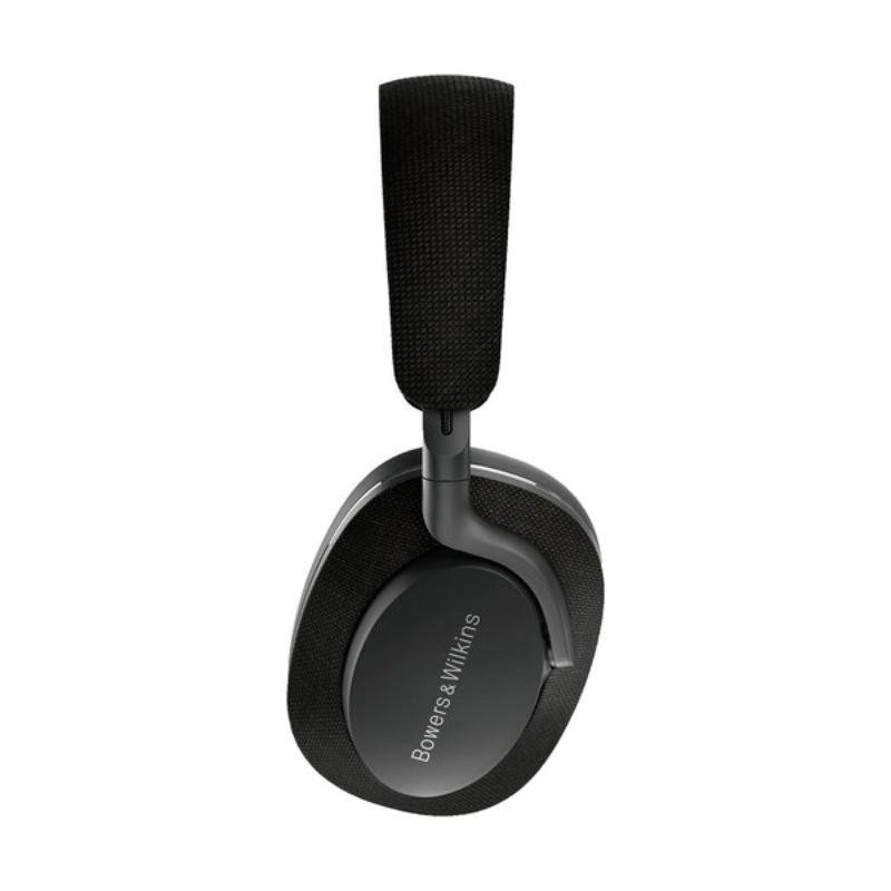 Black Bowers and Wilkins Px7 S2 over-ear headphones with fabric ear cups, padded headband, and dark gray accents shown against white background
