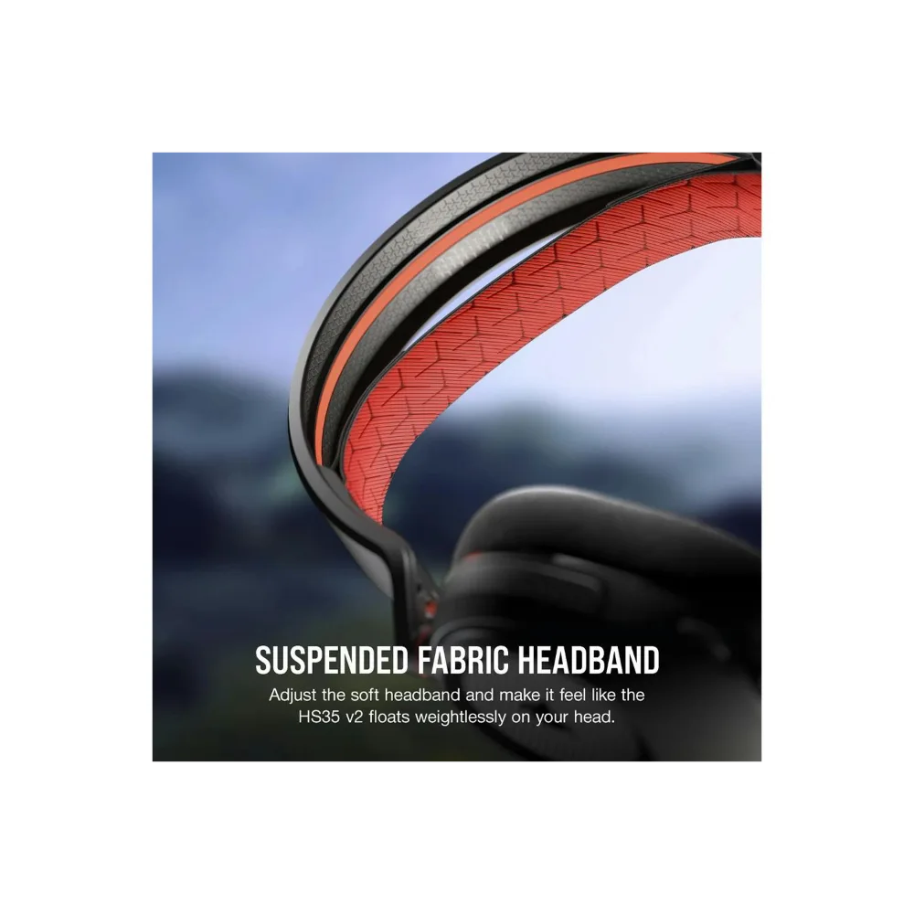 Corsair HS35 v2 gaming headset showing suspended red fabric headband with black ear cups against blurred outdoor background