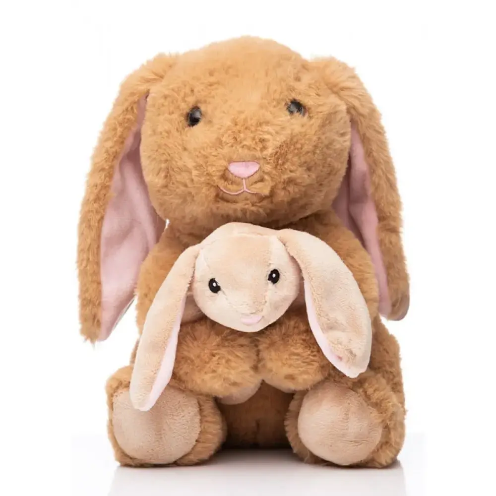 Soft plush brown bunny with pink inner ears holding smaller cream baby bunny, Kirkwood Cuddles mama and baby rabbit toy set