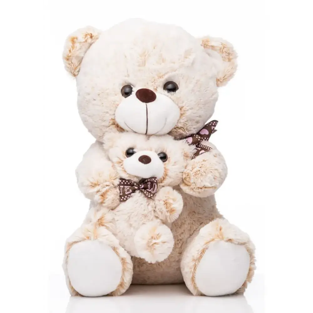 Kirkwood Cuddles cream and beige plush mama and baby teddy bears with brown noses and eyes wearing decorative brown bow ties, 30cm height