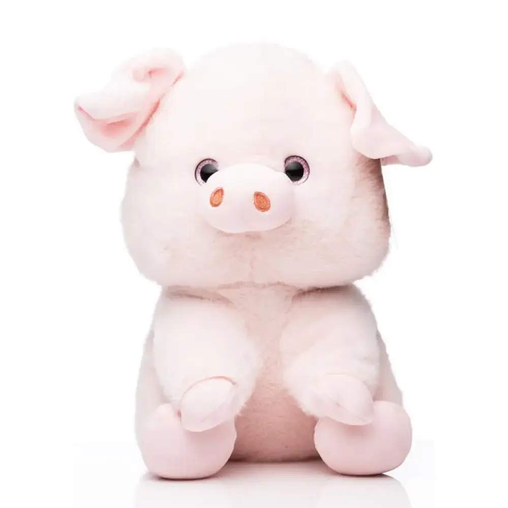 Soft pink plush pig toy sitting upright with large black eyes, orange nose, pink inner ears and paws, approximately 28cm tall