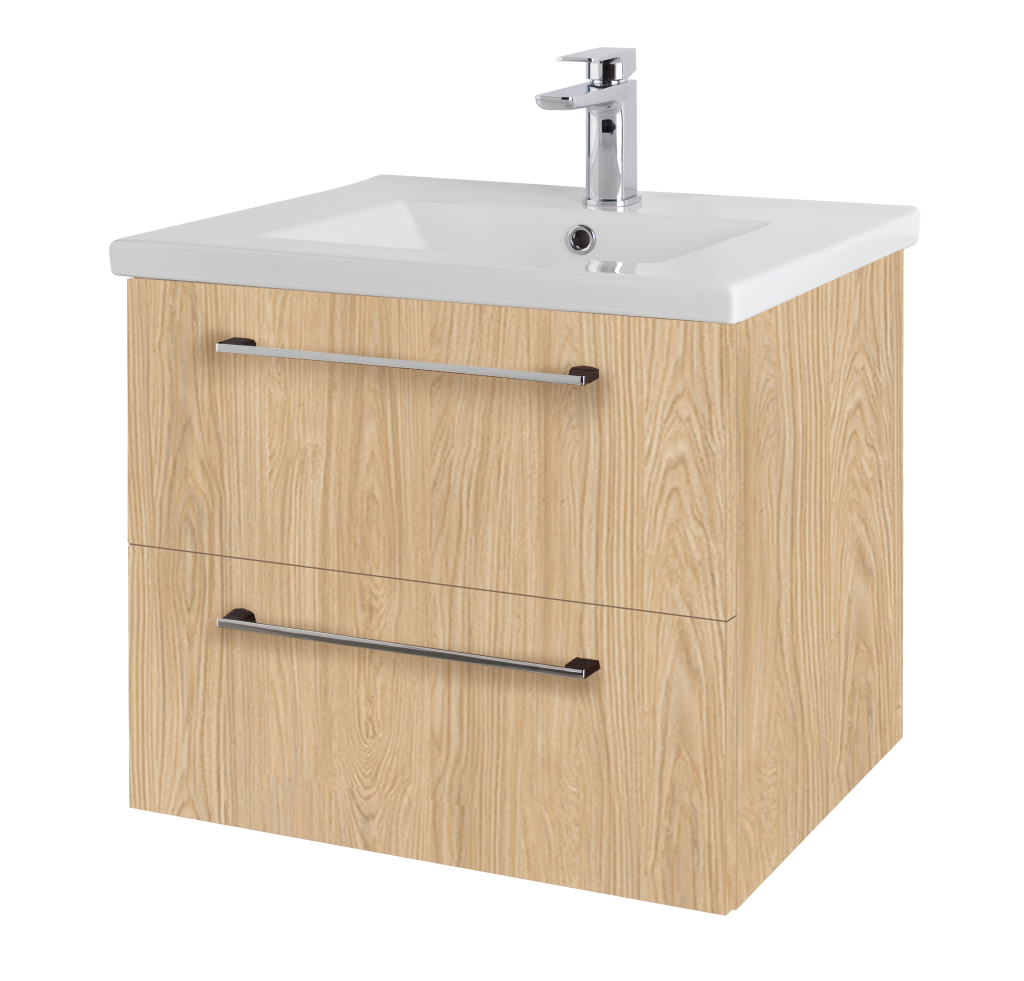 Light oak wood wall hung bathroom vanity unit with two drawers, white ceramic sink basin and chrome single lever tap mixer on white background