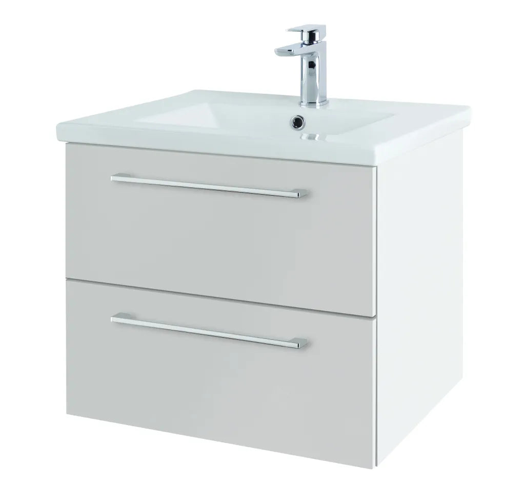 White wall-hung bathroom vanity unit with two drawers, integrated ceramic sink and chrome single-lever tap, contemporary design with horizontal chrome handles