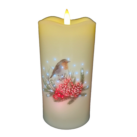 WGP Fiber Optic Candle with Lighting Robin Decoration and Warm White Bullet Flame 15cm | CH686