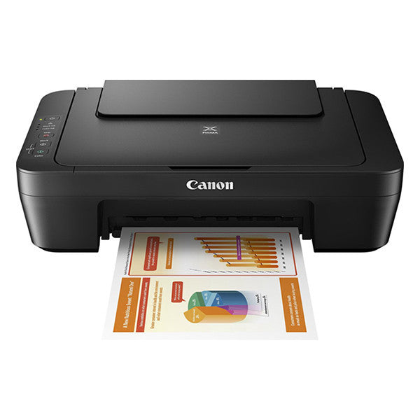 Canon PIXMA MG2551S black all-in-one inkjet printer with paper tray open displaying a printed color document with charts and graphs
