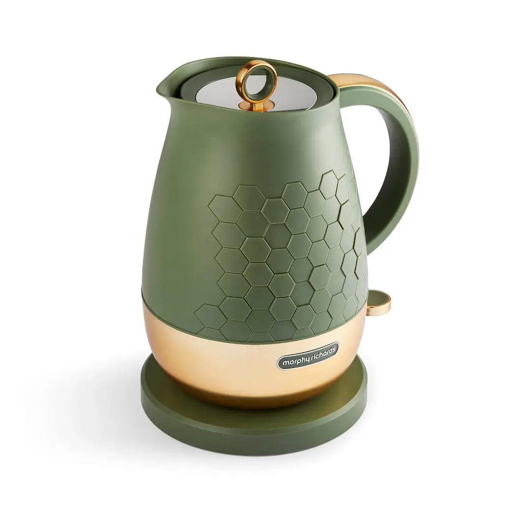 Morphy Richards Cassini 1.7 litre jug kettle in sage green with gold accents, featuring honeycomb pattern detailing, white lid with gold handle, and matching base