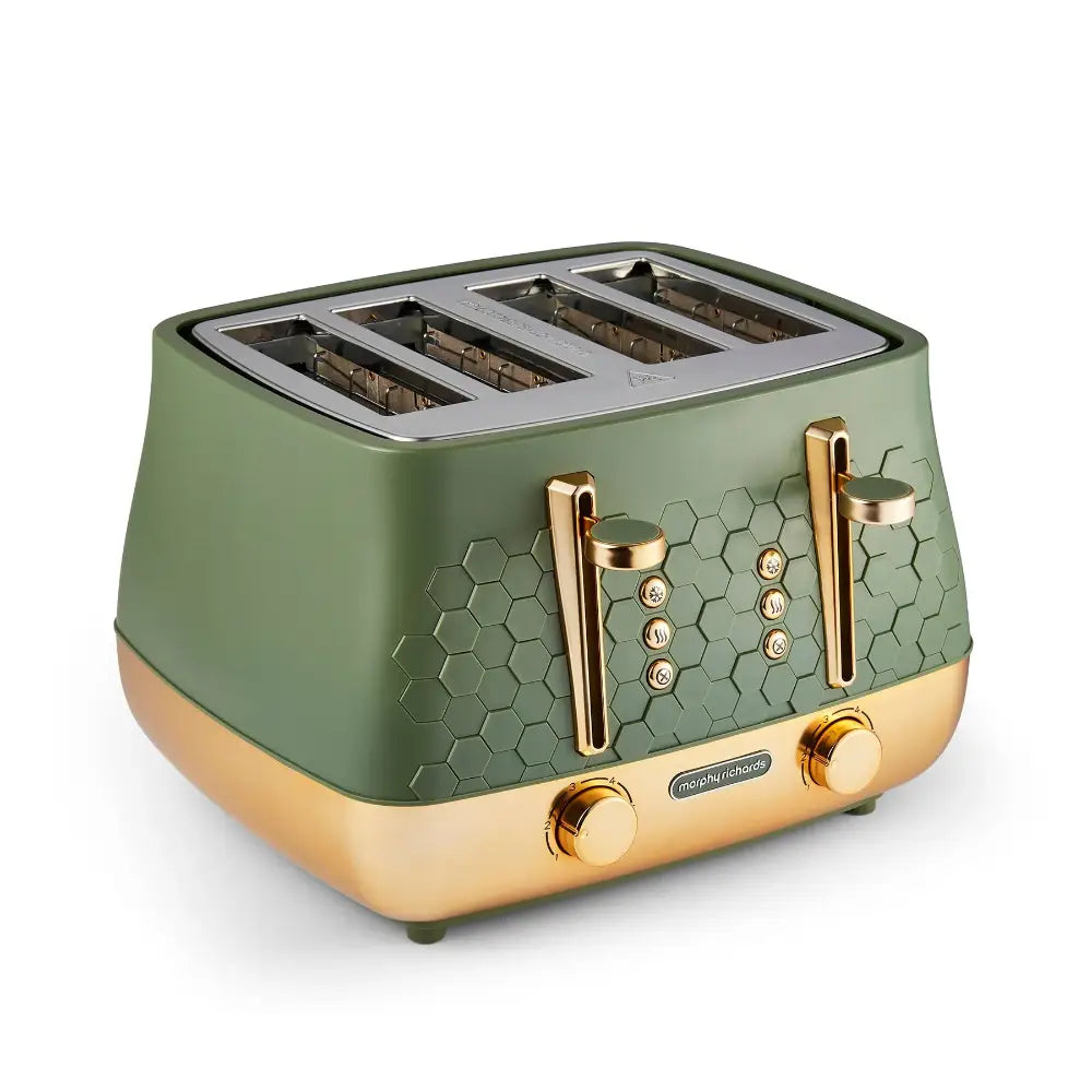 Morphy Richards Cassini 4 slice toaster in sage green and cream with gold handles and control knobs, featuring a hexagonal pattern design and stainless steel top