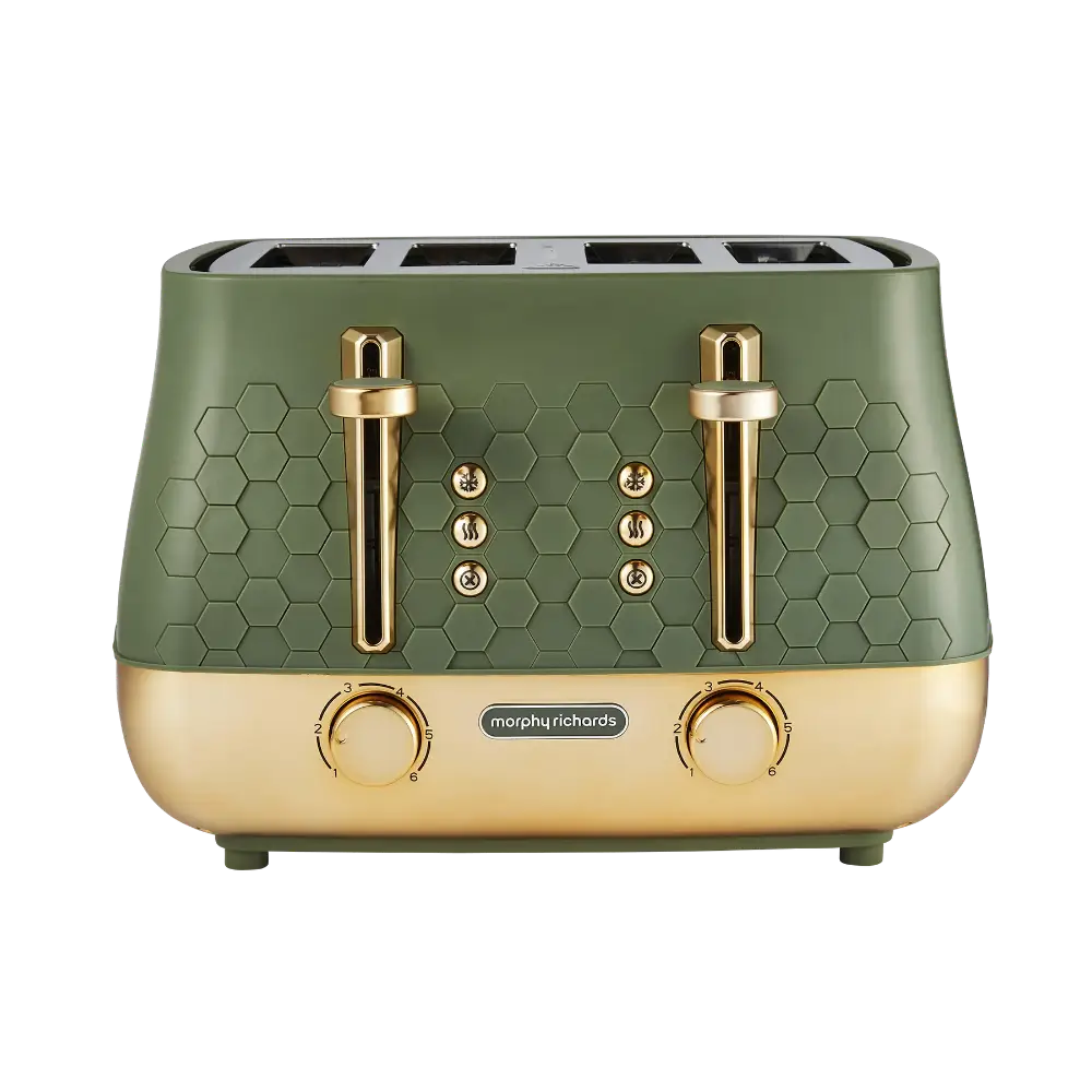 Morphy Richards Cassini 4 slice toaster in sage green and champagne gold with hexagonal pattern detail, dual pop-up mechanisms, and chrome browning controls