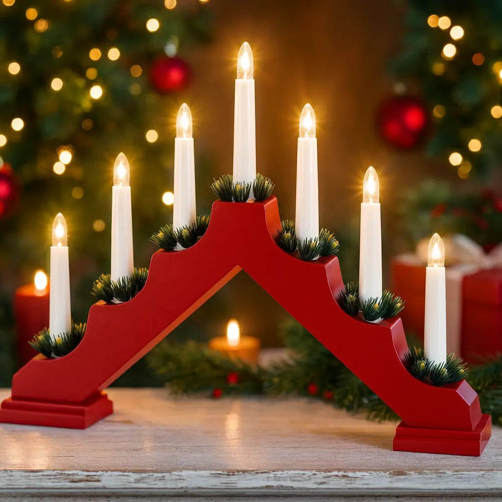 Red wooden candlebridge with seven white LED candles and green foliage decoration, displayed against a blurred Christmas background with twinkling lights and baubles