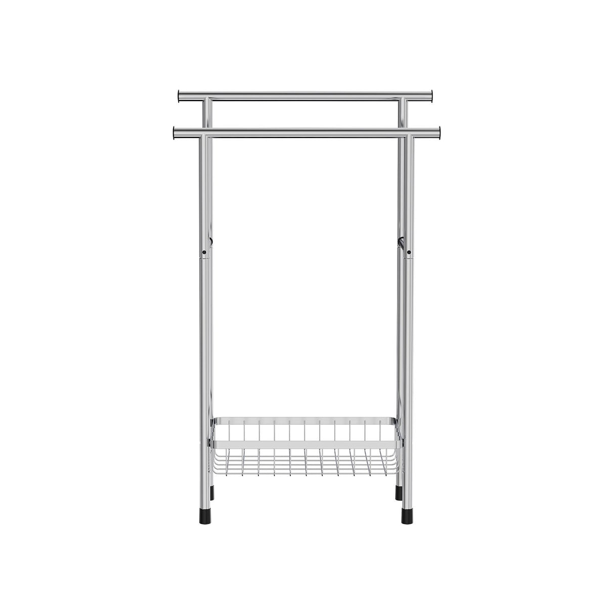 Chrome freestanding bathroom towel rail with dual horizontal bars, wire storage basket and black feet on white background