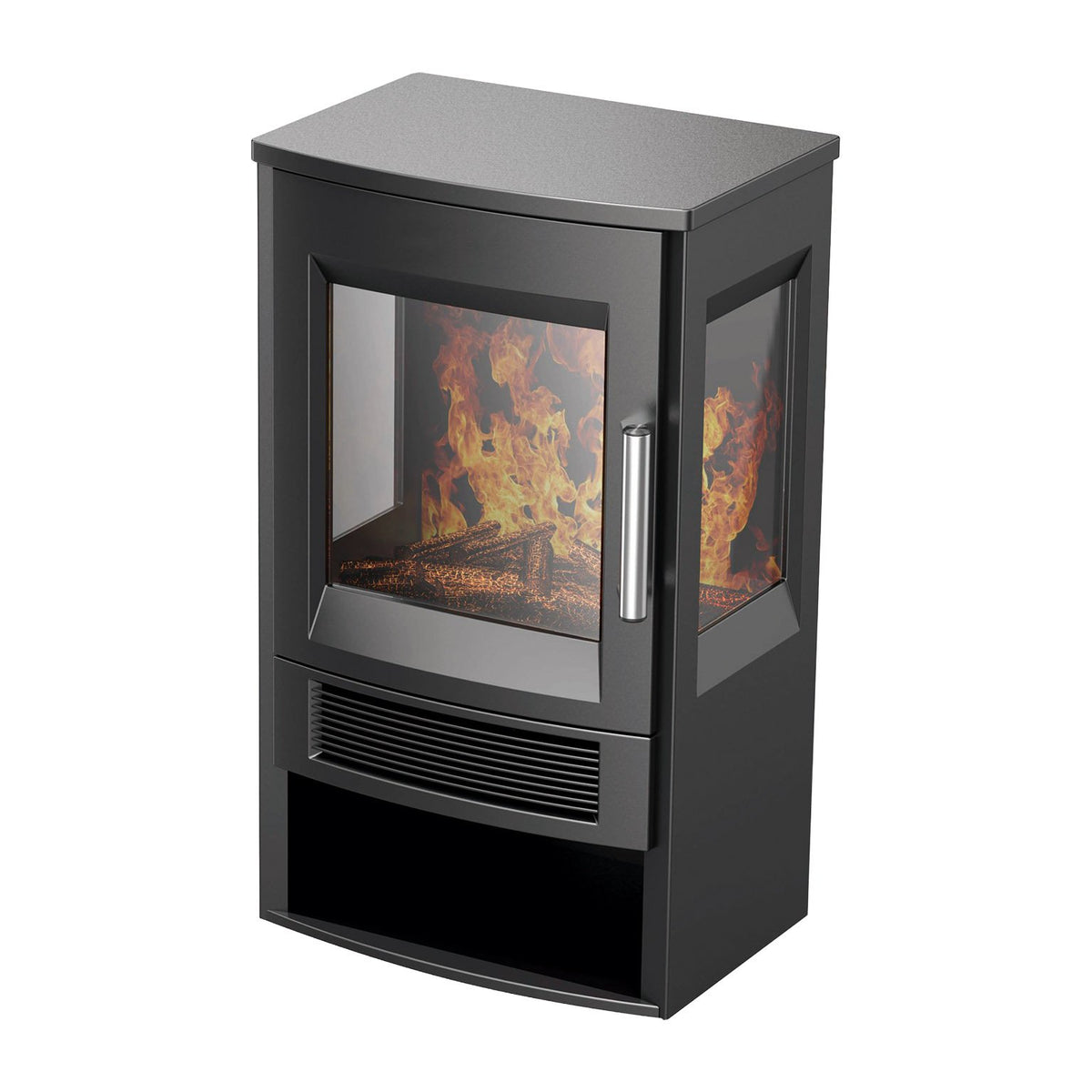 Black electric stove heater with realistic flame effect display, glass front door with chrome handle, ventilation grille and flat metal top, 1800w De Vielle model on white background