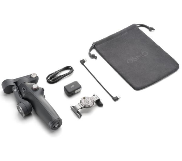 Black camera stabilizer with accessories on a white background