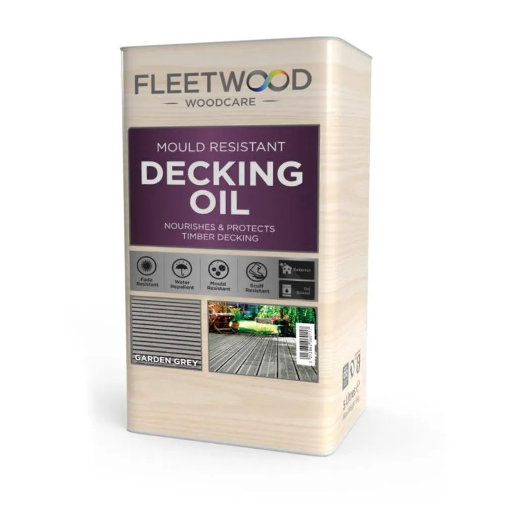 Fleetwood Woodcare Mould Resistant Decking Oil 5 litre container in Garden Grey colour with protective features icons and timber decking product image on packaging