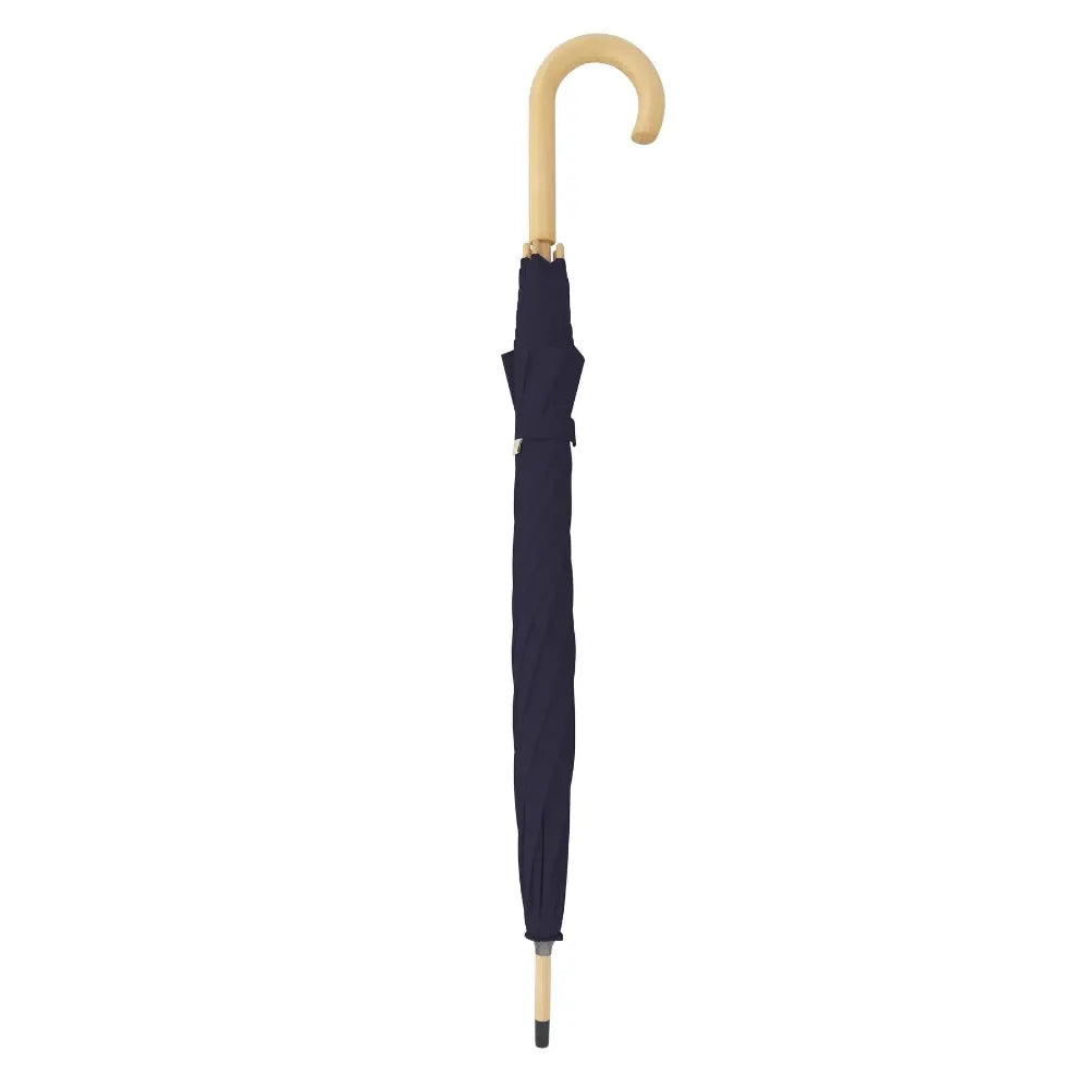 Doppler Nature Automatic Long Umbrella in deep blue with natural wooden crook handle and ferrule, closed position against white background