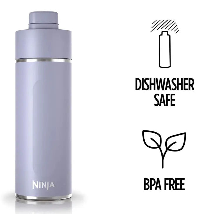 Ninja Thirsti 700ml lavender insulated travel bottle with stainless steel band, displayed with dishwasher safe and BPA free certification icons