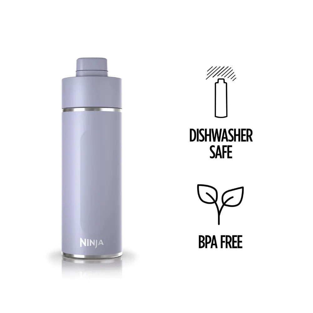 Ninja Thirsti 530ml insulated travel bottle in lavender with stainless steel band, displaying dishwasher safe and BPA free certification icons