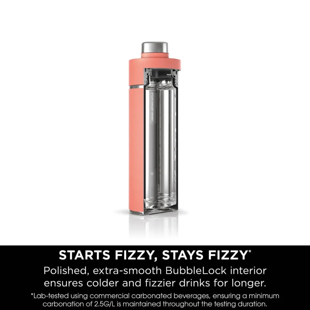 Ninja Thirsti 700ml insulated travel bottle in coral with stainless steel interior and cap, featuring BubbleBlock technology to keep drinks fizzy, displayed against white background with product features text below