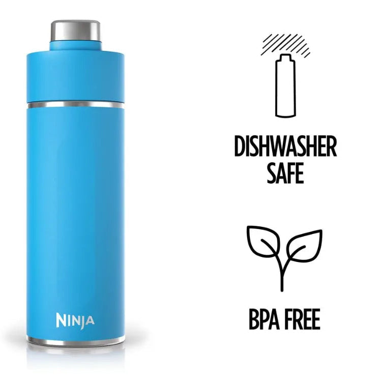 Ninja Thirsti 700ml insulated travel bottle in tropical blue with stainless steel cap and band, featuring dishwasher safe and BPA free icons