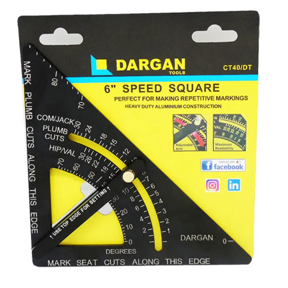 Dargan Tools 6 inch speed square CT40/DT with heavy duty aluminium construction featuring black and yellow design, measurement markings, and degree settings for carpentry and marking cuts