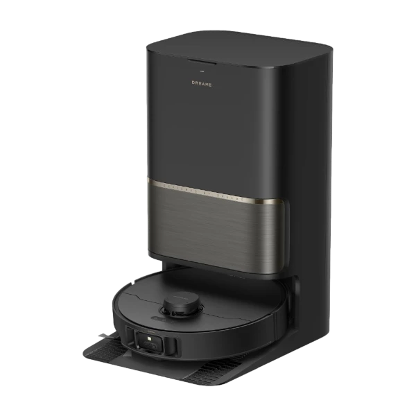 Dreame L50s Pro Ultra black robotic vacuum with self-emptying dock station, featuring round black disc base and gray metallic accent band on charging tower
